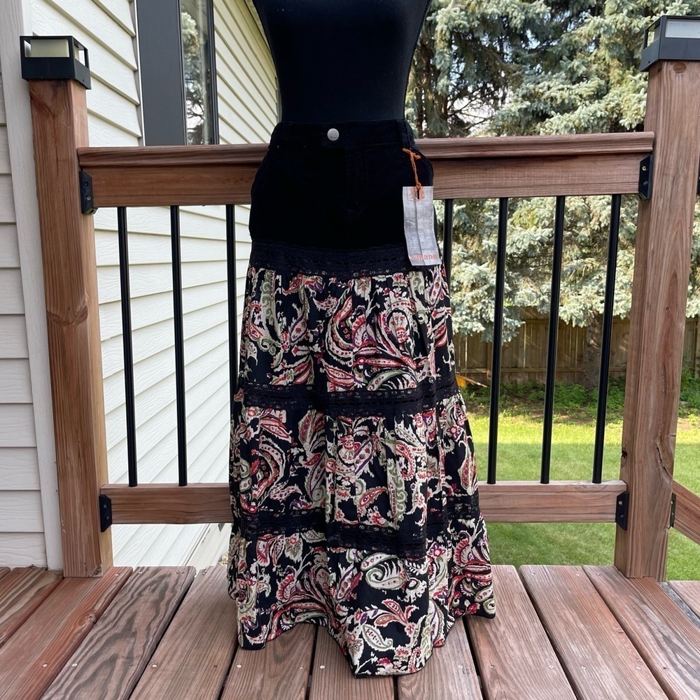 Vintage d. Jeans Mixed Fabric Floral Tiered Maxi Skirt Size 14 Boho Y2K New